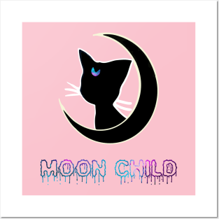 Moon Child Black Cat Galaxy Aesthetic Witchy Wiccan Pastel Gothic Boho Hipster Posters and Art